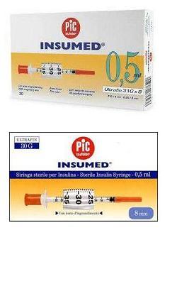 SIRINGA PER INSULINA PIC INSUMED 0,5 ML 100 UI AGO GAUGE 30 LUNGHEZZA 8 MM SENZA SPAZIO MORTO 3 SACCHETTI DA 10 PEZZI - Farmacia Puddu Baire S.r.l.