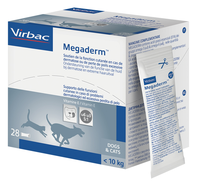 MEGADERM SUPPLEMENTO GATTI E CANI INFERIORI A 10 KG SCATOLA DA 28 SACCHETTI MONODOSE 4 ML - Farmacia Puddu Baire S.r.l.