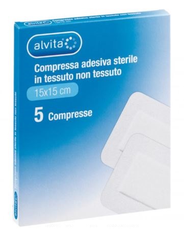 ALVITA GARZA COMPRESSA ADESIVA STERILE IN TESSUTO NON TESSUTO ESTENSIBILE BIANCO 15X15CM 5 PEZZI - Farmacia Puddu Baire S.r.l.