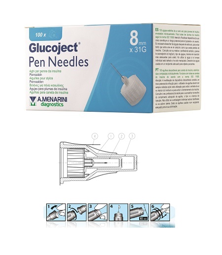 AGO PER PENNA DA INSULINA GLUCOJECT LUNGHEZZA 8 MM GAUGE 31 100 PEZZI - Farmacia Puddu Baire S.r.l.